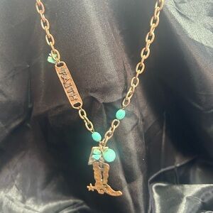 Copper tone vintage cowgirl necklace with copper and turquoise charms